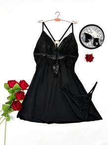 Lace Patchwork Sexy Women's Sleep Dress + G-String 2pcs Set - Black - View 1