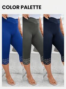 SHEIN LUNE Women Plus Size Lace Splice Elastic Waist Leggings In Solid Color For Casual Wear - Royal Blue - View 3