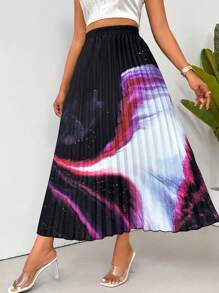 VaVaBold 女式撞色印花有彈性腰圍長款百褶休閒裙