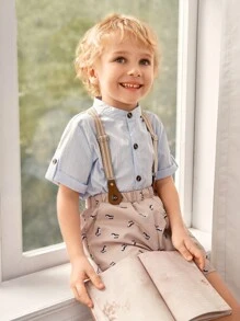 SHEIN 2pcs/Set Atasan Kerah Tegak Warna Polos Elegan dan Modis dengan Celana Pendek Suspender Motif Zebra untuk Anak Laki-laki, Musim Panas - Baby Blue - View 1