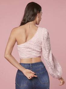 Enchnt 單肩蕾絲刺繡精緻浪漫上衣 - 粉色 - 查看 2