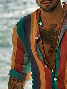 Men's Spring/Summer Loose Fit Color Block Striped Long Sleeve Casual Shirt, Fall - Multicolor - View 3