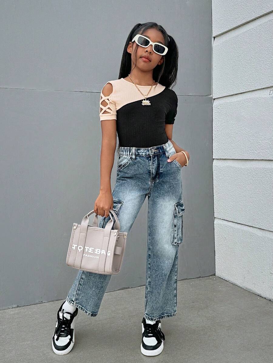 SHEIN Áo thun tay lỡ đan màu tương phản cho bé gái tuổi mới lớn - Nhiều màu - Xem 1