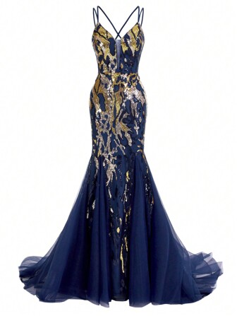 SHEIN X Izzy Darnell SHEIN Belle Gorgeous Sexy V-Neck Spaghetti Strap Dress With Sequin Mesh And Back Tie-Up, Women's Evening Party Formal Gown (Heavy Version) Formal Ball Gown For Women Elegant Prom Wedding Guest Dress, For Graduation, Dinner