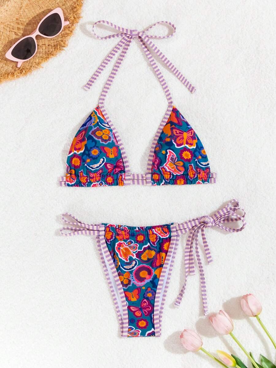 SHEIN Swim 女士度假蝴蝶印花露背性感比基尼套装夏季 - 彩色 - 查看 1