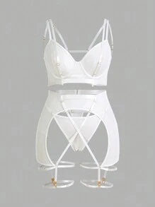 Plus Size Women Solid Color See-Through Sexy Hollow Out Lingerie Set - White - View 6