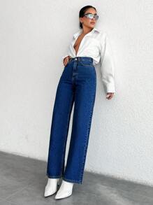 EURMUSE High Waist Straight Leg Jeans - Medium Wash - View 1