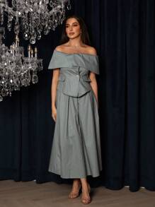 Modelyn 女士露肩双排扣上衣和裙子两件套，简约风格两件套 - 綠色 - 查看 5