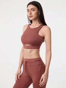 Easithlete Women's Solid Color Round Neck Hollow Out Back Sports Bra - Brown - View 4