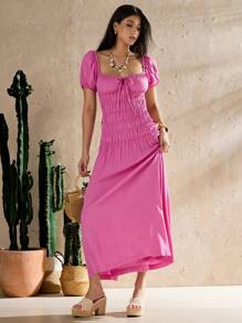 Forever 21 Women's Solid Color Puff Sleeve Sweetheart Neck Summer Holiday Dress - Mauve Purple - View 4