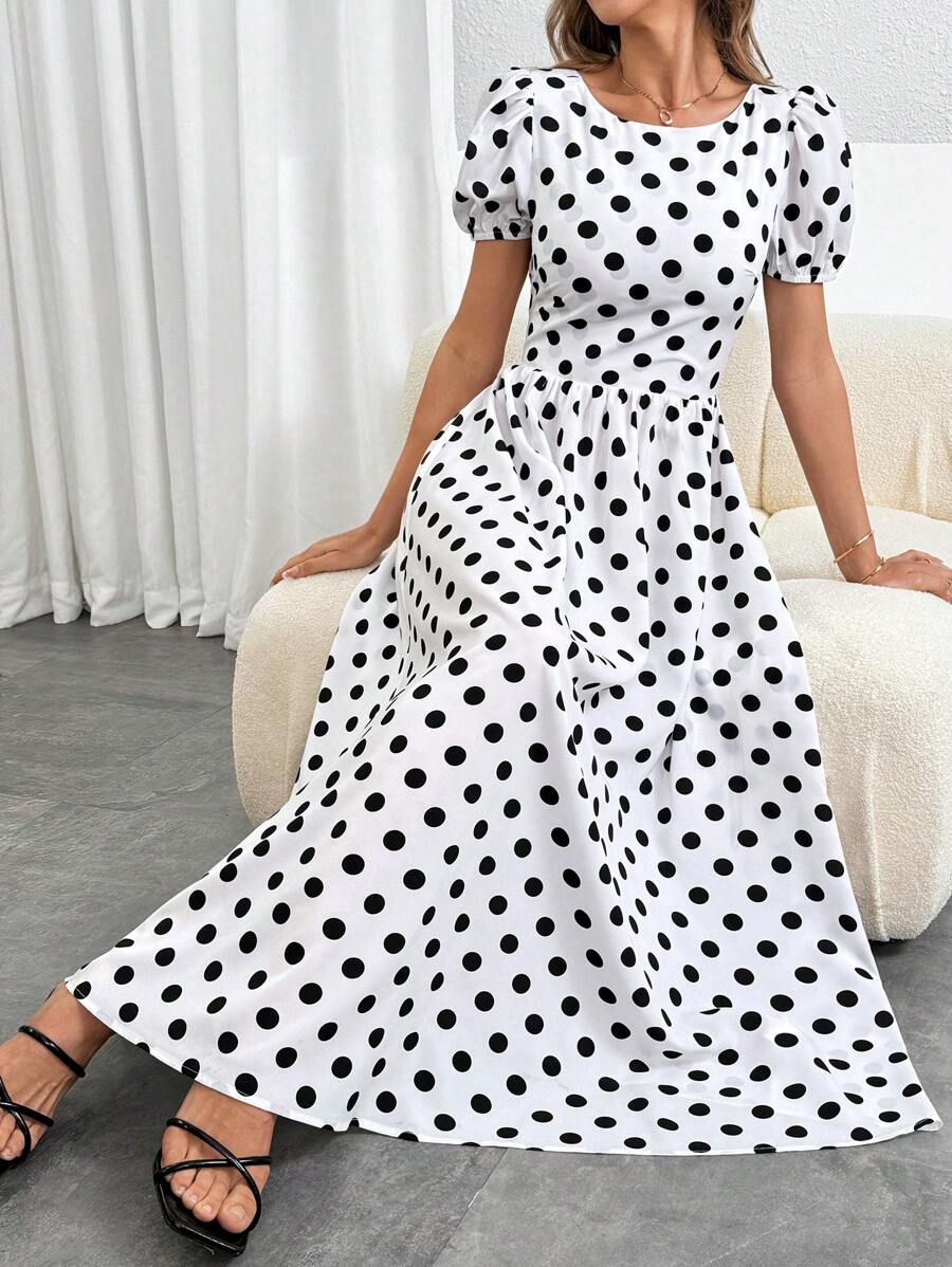 SHEIN Privé Women's Elegant Legant Romantic Date Party Daily Polka Dot Sexy Backless A-Line Dress ,Summer Long Dresses,Beach Dress ,DressBackless Boho Dress Suitable For Beach Vacations, Elegant Gatherings, Dating, Parties,Beer Festivals, Music Festivals, Graduation Parties, Rave Festival Outfits - Multicolor - View 1