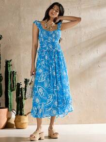Forever 21 Nouvelle robe de style estival longue et romantique à bretelles nouées avec imprimé, ourlet volanté pour les vacances - Bleu azur - Voir 5