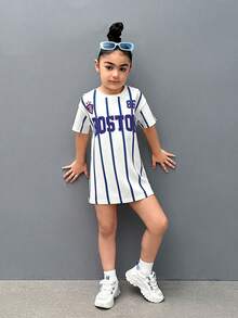 SHEIN 年輕女孩針織條紋休閒連衣裙，帶有字母印花，圓領設計 - 白色 - 查看 6