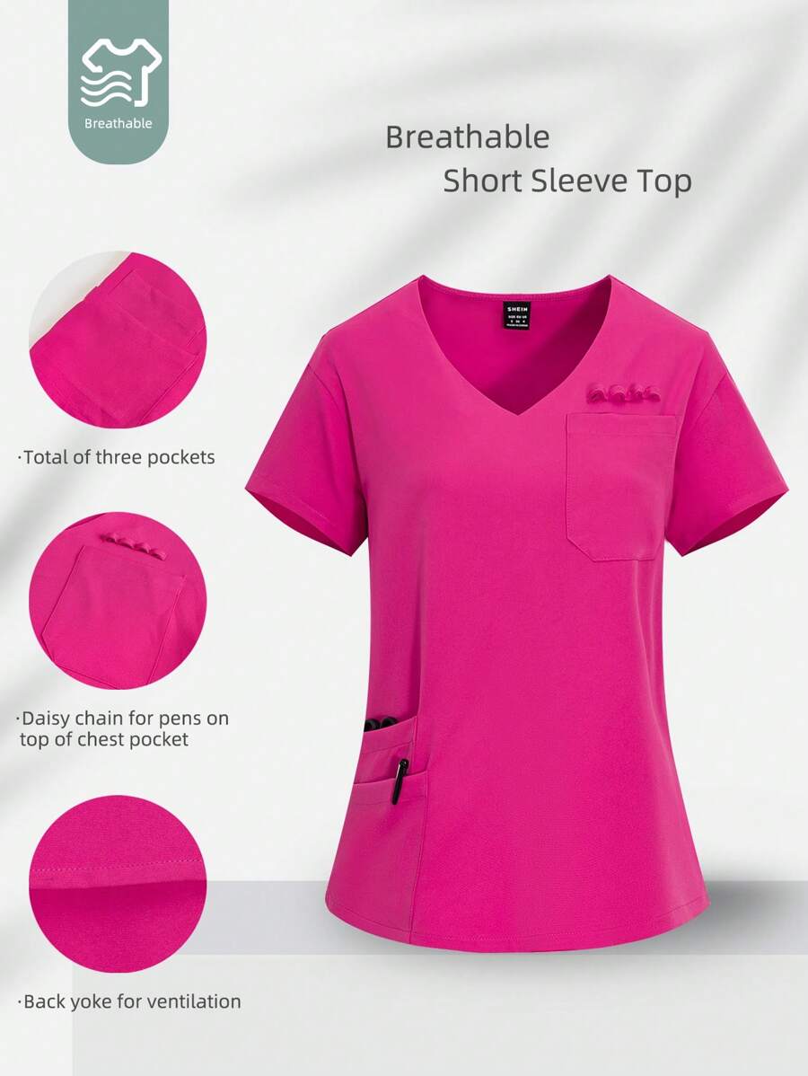 TaskEZ 女士夏季休閒實色短袖擦布上衣，帶有三個口袋和V領，啞光面