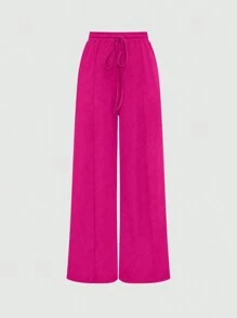 Chiquease Women's Summer Solid Color Square Neck Short Sleeve Cropped Bodysuit And Casual Wide Leg Pants Casual Two-Piece Outfit - Hot Pink - View 3