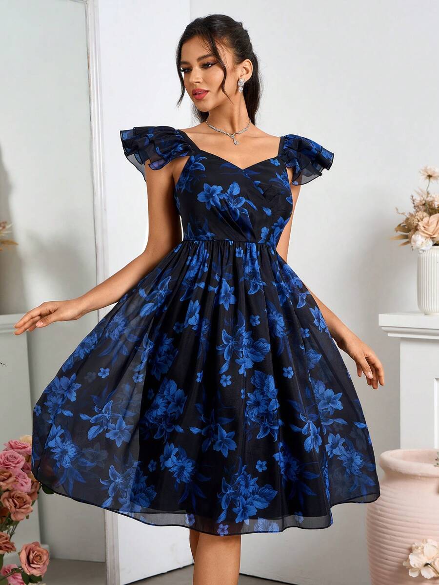 SHEIN Belle Women's Flower Printed Ruffle Waist Party Dress - Black - View 1