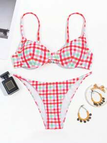 Women's Summer Beach Sexy Grid Patterned Bikini Set(Random Print), Push Up, Underwire - Multicolor - View 4