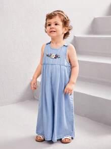 SHEIN Baby Girls' Denim Effect Flower Embroidery Sleeveless Jumpsuit - Blue - View 3