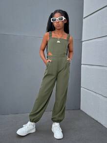SHEIN Macacão de Cor Sólida Legal e Moderno de Estilo Street para Meninas Adolescentes, com Alças Cruzadas na Parte de Trás e Decote Aberto, Primavera/Verão - Verde - Visão 4