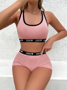 EasyFave Yoga Letter Design Ladies Simple Bra & Panty Underwear Set Sports - Pink - View 4