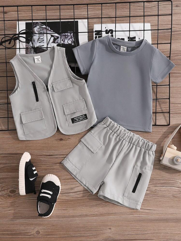 3pcs/Set Baby Boys Street Cool Zipper Pocket Vest + Short Sleeve T-Shirt + Zipper Pocket Shorts Outfit, Casual Spring/Summer