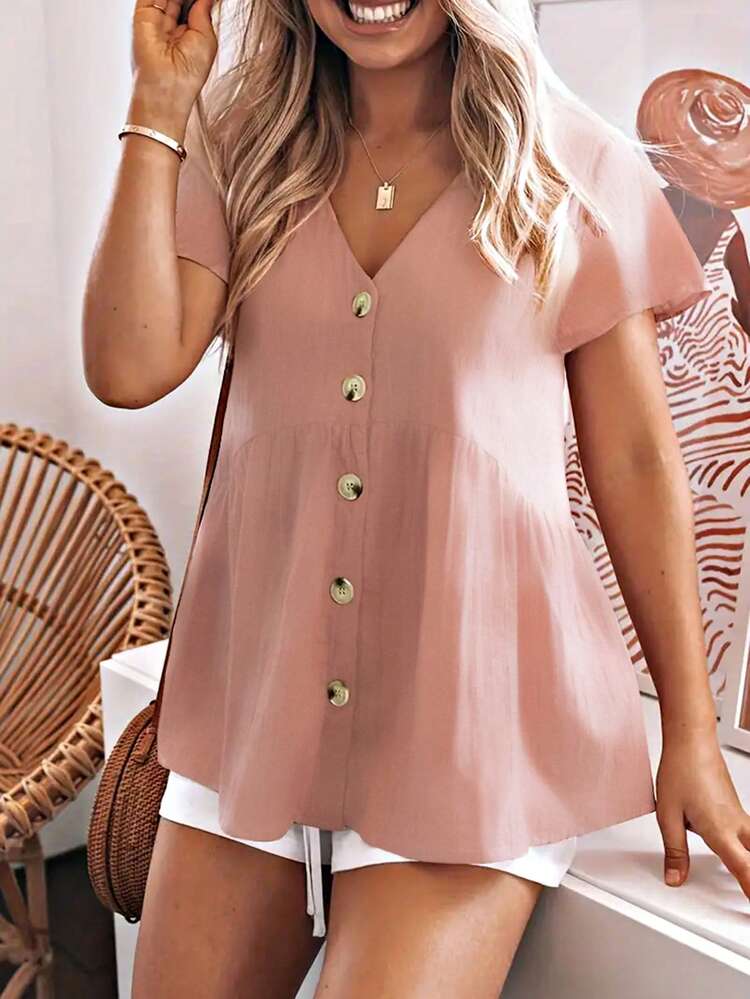 Ladies' Solid Color V-Neck Front Button Short-Sleeved Shirt For Summer
