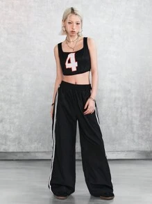 SHEIN EZwear 網狀數字拼接結構背心和側邊條紋褲子 - 黑色 - 查看 7