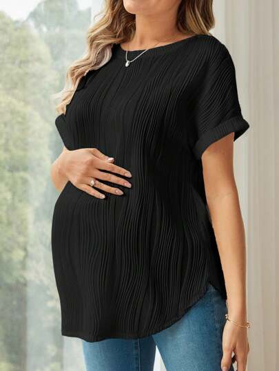 SHEIN Maternity Casual-Fit Short Sleeve Round-Neck Long T-Shirt, Casual And Summery