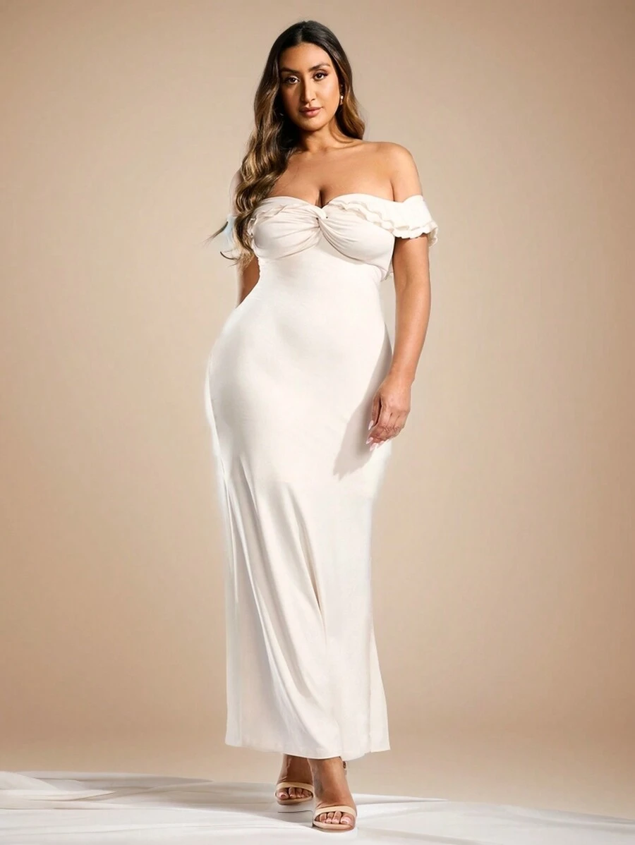 SHEIN BAE Plus Size Women's Solid Color Summer Sweet One-Shoulder Ruffle Long Dress