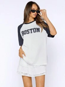 SHEIN EZwear 女士字母印花夏季運動休閒寬鬆T恤，拼色袖子設計，適用於比賽