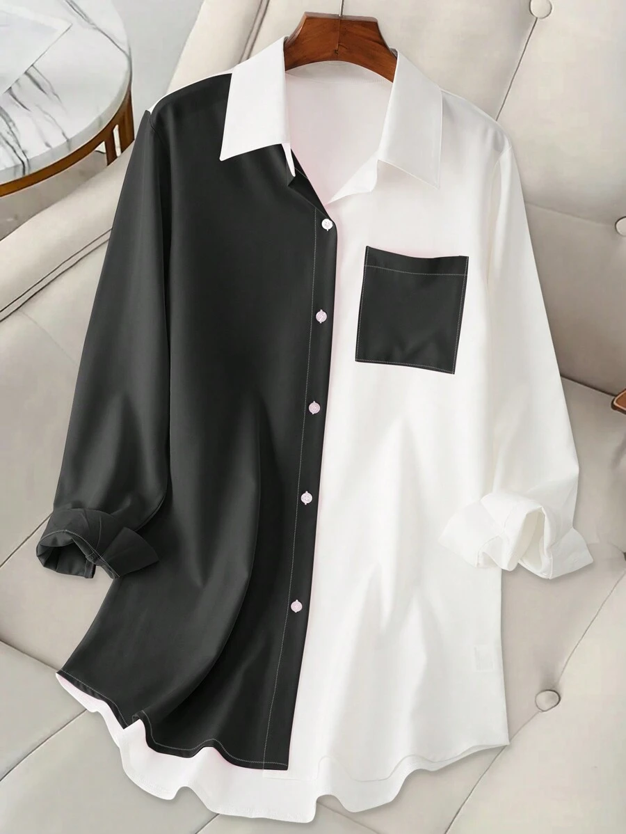 Plus Size Women Fashion Color Block Pocket Design Fitted Blouse - Black - View 1