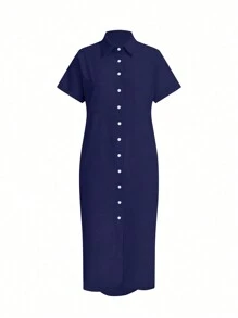 SHEIN LUNE Loose Solid Color Button Front Shirt Dress For Summer Maxi Women Outfit
