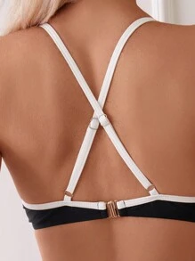 SHEIN Swim Women's Summer Beach Color Block Front Tie Sexy Bikini Set (With Underwire) - Black - View 5
