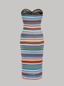 SHEIN Unity Color Block Striped Twist-Front Bandeau Vacation Dress - Blue - View 2