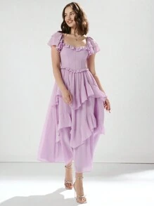 Enchnt Women's Princess Romantic Plain Pink Summer Holiday Elegant Solid Color Ruffled Waist Cinched Waist Dress For Graduation Party,Cocktail And Prom  - Mauve Purple - View 3