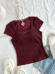 SHEIN 少女勃艮第针织纹理衬衫，搭配撞色蕾丝、蝴蝶结、方形领口短袖上衣，度假风格，适合春季、夏季、情人节、新年 - 酒紅色 - 查看 4