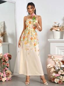 SHEIN Belle 女士刺繡優雅迷人的仙女長禮服，細肩帶設計 - 米色 - 查看 6