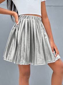 SHEIN Leap Crew Tween Girl Summer Cool Street Style Kim loại Váy xếp li màu bạc - Bạc - Xem 1