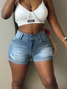 European And American Fashionable Denim Shorts With Multiple Buckle Design For A Slimming Look - Light Wash - View 4