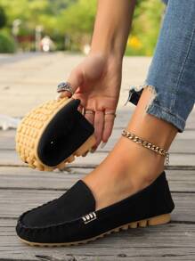 Casual Round Toe Slip-On Loafers, Solid Color, Comfortable, Breathable, Metal Buckle Accent, Hand-Sewn Lace, Black Fabric, Flat Soft Sole, Women Leisure Shoes, All Season