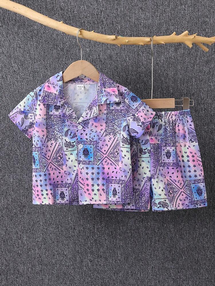 Young Boy Simple Allover Print Short Sleeve Cardigan And Shorts Casual Two-Piece Homewear Set, Toddler
