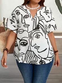 EMERY ROSE Plus Size Summer Countryside Abstract Face Print Vacation Casual Notched Neck Batwing Sleeve Shirt - Black and White - View 5