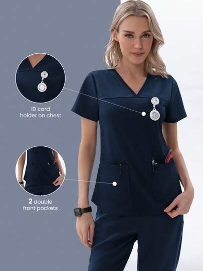 TaskEZ Women's Short Sleeve V-Neck Nurse Uniform Scrub Top T-Shirt With 2 Pockets