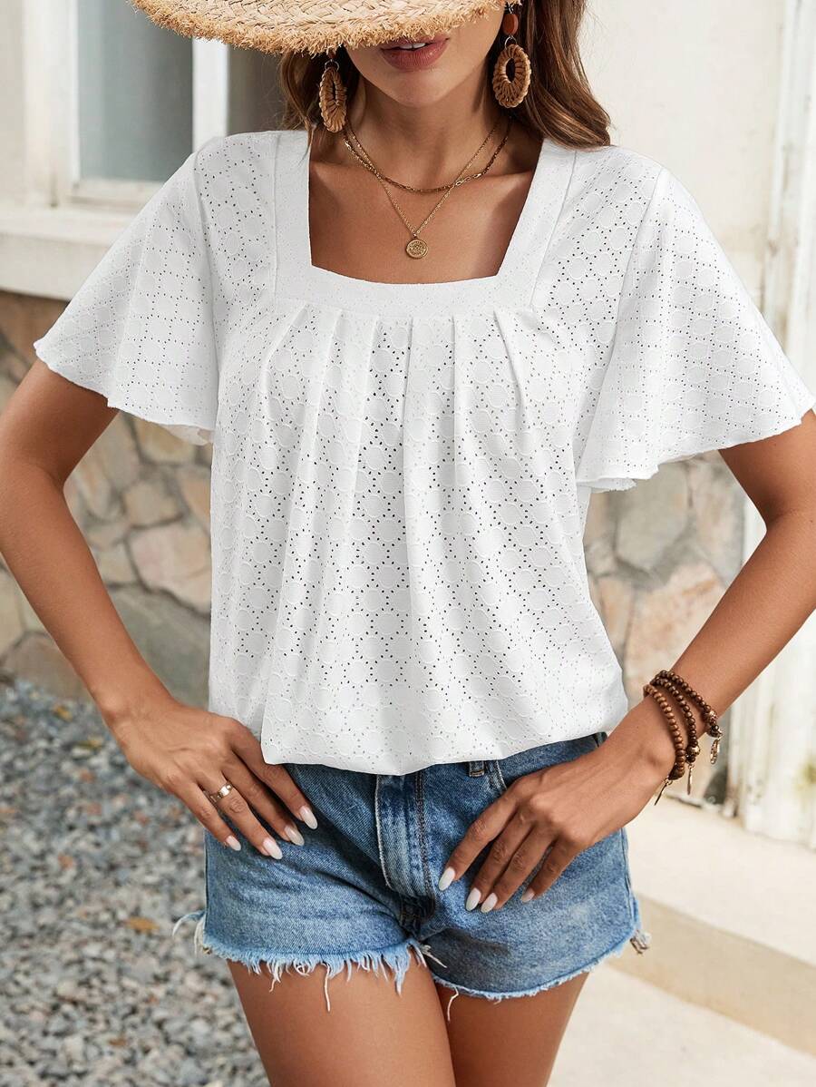 SHEIN Clasi Women's Fashion Solid Color Ruffle Sleeve T-Shirt - White - View 1