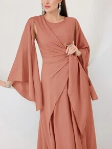 Modelyn Cloak Sleeve Knot Side Modest Long Sleeve Dress - Rusty Rose - View 5