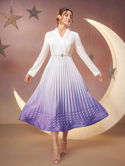 Modelyn 女式渐变色 V 领褶皱阿拉伯连衣裙长款晚礼服