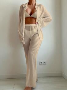 Swim Basics 2pcs Women's Fashionable Summer Simple Solid Color Hollow Out Beach Style Cover-Up Set - Apricot - View 3