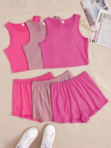 Conjunto casual de 3 piezas para mujer con chaleco unicolor sin mangas de cuello redondo y pantalones cortos para estar en casa