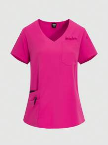 TaskEZ 女士夏季休閒實色短袖擦布上衣，帶有三個口袋和V領，啞光面