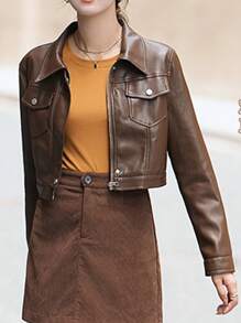 Chiquease Women's Fashionable Cropped PU Leather Jacket For Autumn